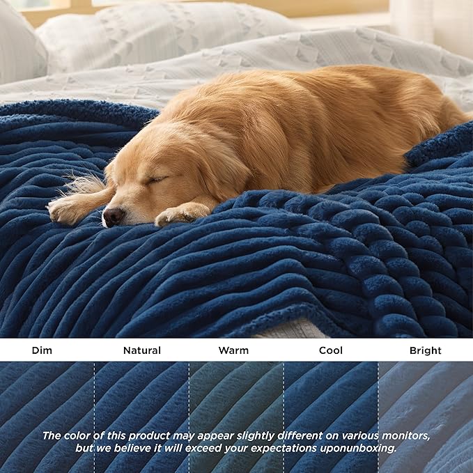 Bedsure Waterproof Dog Blankets for Large Dogs - Soft Pet Cat Blanket Corduroy Fleece for Bed Protector Washable, Cozy Calming Reversible Furniture Protection for Puppy,60"x80", Navy Blue