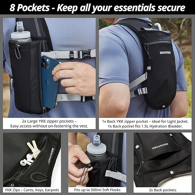 Running Hydration Vest for Women and Men. Reflective, 8 Pocket, Quick Dry, Water-Resistant, Breathable, Adjustable Backpack for Runs, Hiking, Cycling, Trails, Marathons