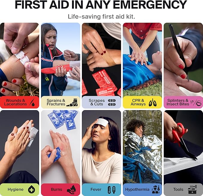 Large Waterproof First Aid Kit for Car, Travel & Home - Emergency Kit for Hiking, Camping, Backpacking and Outdoors - Includes Zip Stitch Wound Closure Strips