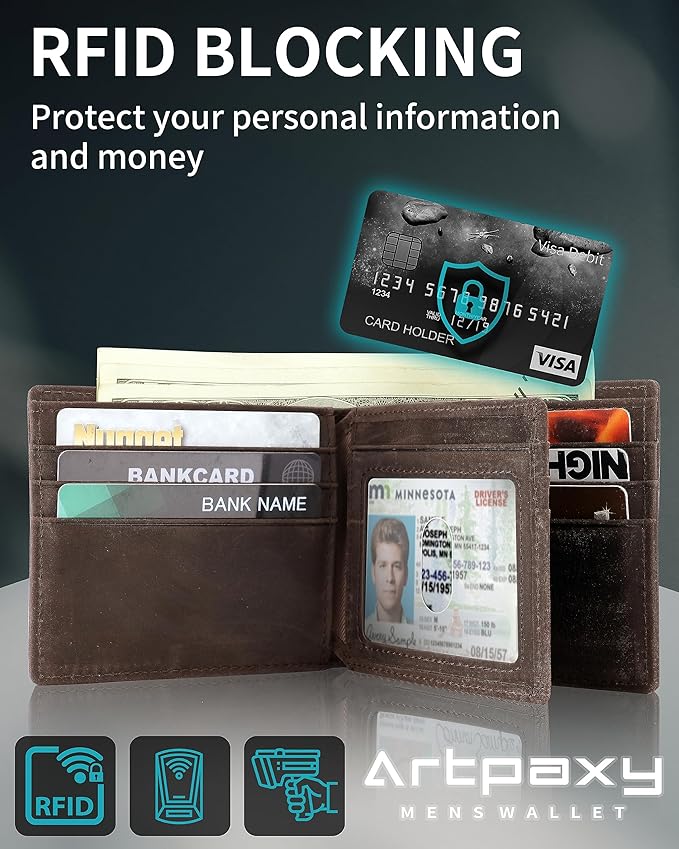 Mens Wallet With AirTag Holder, Bifold Leather RFID Blocking 1-2 ID Windows 12-13 Card Holders, Gift Box and Screen Protector Included, AirTag Not Included