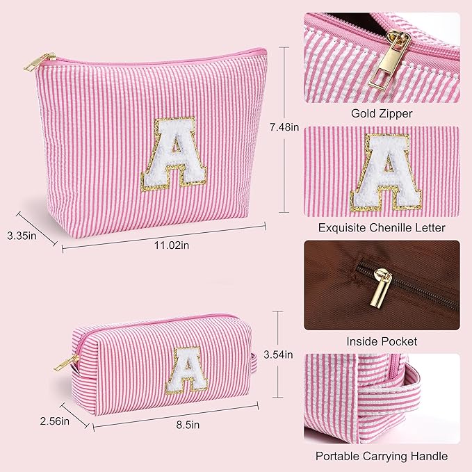 YOOLIFE Personalized Initial Makeup Bag for Women | Pink Cosmetic Travel Toiletry Bag | 11 12 13 14 15 16 Years Old Girl Gifts | Preppy Stuff Teen Girl Gift Trendy Stuff A