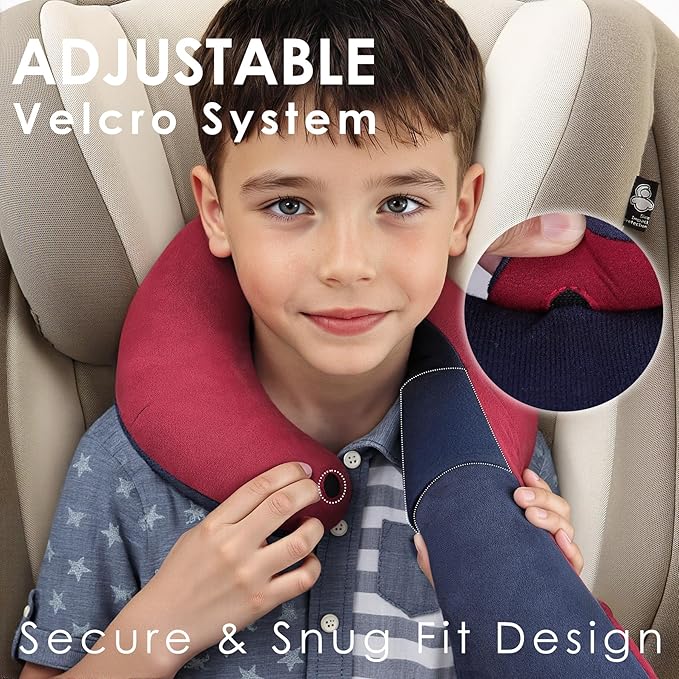 Kids Travel Neck Pillow, Comfortable Head & Chin Support for Car seat & Airplane, Toddler Pillow for Sleeping on Road Trip, Gifts for Child (Wine Red & Dark Blue)