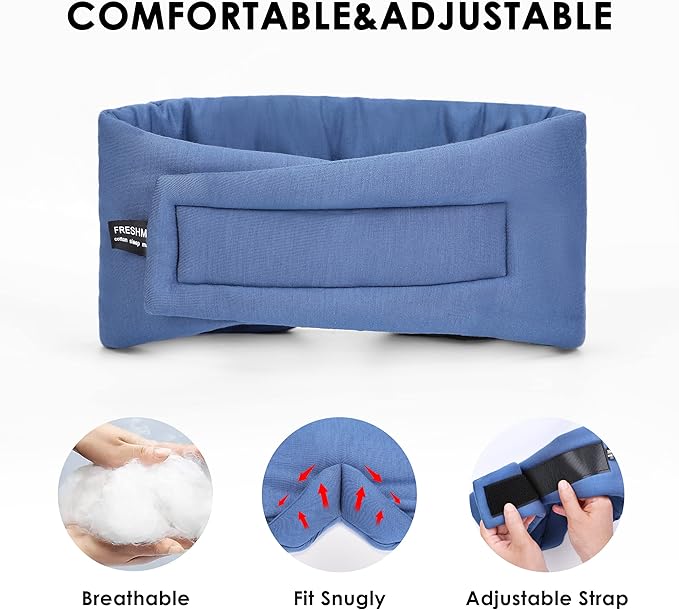 FRESHME Pure Handmade Cotton Sleep Mask - Blackout Eye Mask with Adjustable Velcro Soft and Comfortable Eye Blinder Shade for Men Women Travel Office Nap Airplane Blue