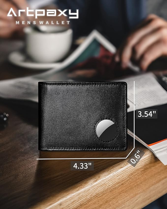 Mens Wallet With AirTag Holder, Bifold Leather RFID Blocking 1-2 ID Windows 12-13 Card Holders, Gift Box and Screen Protector Included, AirTag Not Included