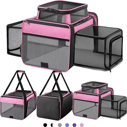 Top and 2 Sides Expandable Cat Carrier 17x11x11, TSA Airline Approved Dog Carriers for Medium Dogs, Soft-Sided Pet Carrier with Self-Locking Zippers for Kitten,Rabbit, Puppy, Guinea Pig Pink