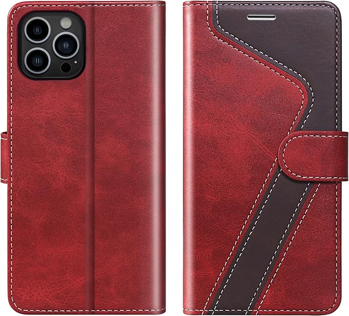 CIVICASE iPhone 12/iPhone 12 Pro Wallet Case, Leather Flip Case [RFID Blocking] Credit Card Holder Folio Magnetic Stand TPU Shockproof Cover Red, Red Brown