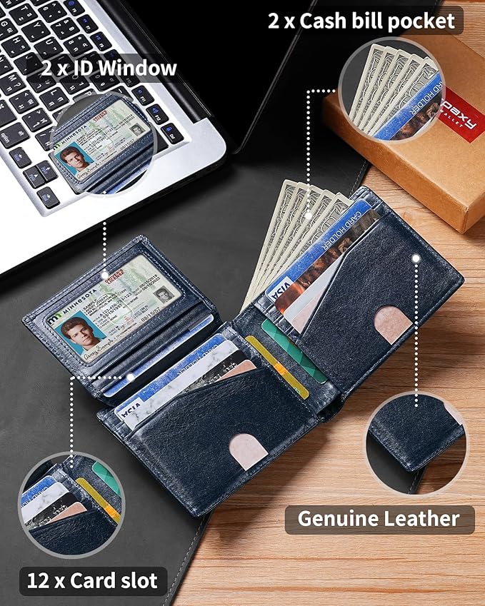 Artpaxy Mens Wallet Bifold Genuine Leather RFID Blocking Wallet for Men with 2 ID Windows 12 Card Holders 2 cash pockets 1 Gift Box