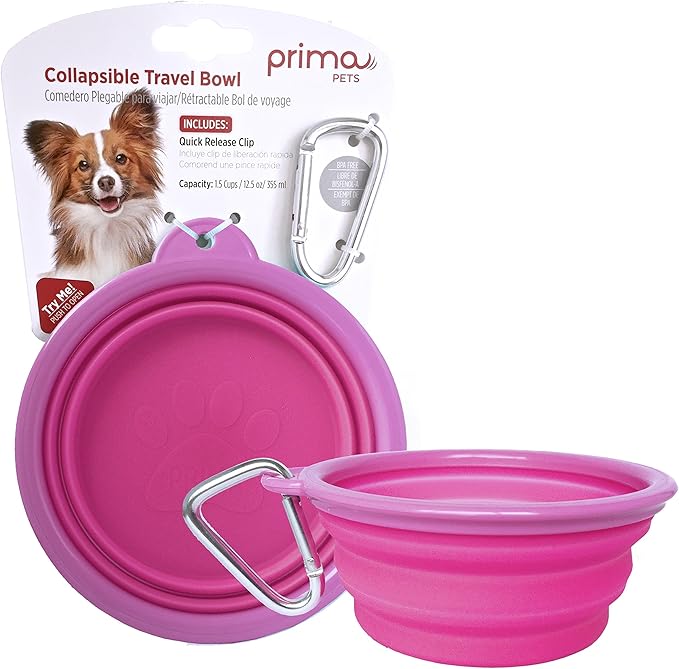 Prima Pet Expandable/Collapsible Silicone Food & Water Travel Bowl with Clip for Small & Medium Dog and Cat, Size: 1.5 Cups (5.1 Inch Diameter Bowl) (Pink)