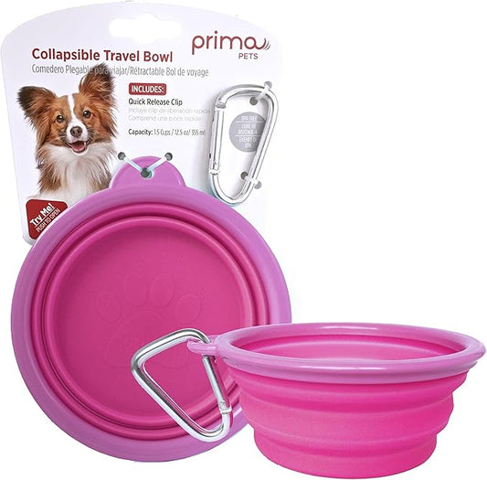 Prima Pet Expandable/Collapsible Silicone Food & Water Travel Bowl with Clip for Small & Medium Dog and Cat, Size: 1.5 Cups (5.1 Inch Diameter Bowl) (Pink)