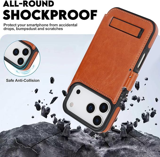 CIVICASE for iPhone 17 Pro Wallet Case with Stand,PU Leather Flip Credit Card Holder Slots (RFID Blocking),Compatible with Magsafe Magnetic Holder Phone Cover Women Men,Brown
