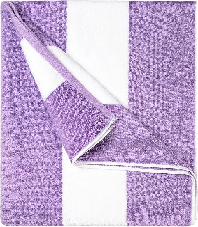 Cotton Oversized Beach Towel - 40 x70 Inch Extra Large Striped Pool Towel, Big Soft Terry Cloth Purple Cabana Swim Towel
