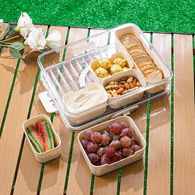 Bandesun Divided Serving Tray with Lid and Handle - Clear Organizer for Candy, Fruits, Nuts, Snacks - Perfect for Party, Entertaining - Snackle Box Charcuterie Container for Portable Snack Platters