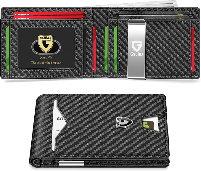GSOIAX Mens Slim Wallet for Men Minimalist Genuine Leather Carbon Fiber Rfid Blocking Bifold Credit Card Holder With Gift Box (Carbon-money clip)