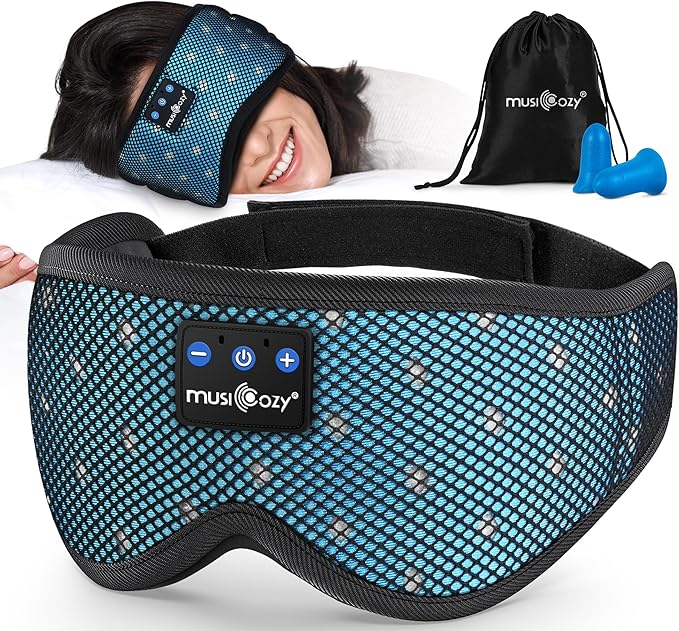 MUSICOZY Bluetooth Sleep Headphones for Side Sleepers, Wireless Headphones with Ultra-Thin Speakers in Comfortable Eye Headphone for Sleeping, Travel, Workout(Mesh Blue)