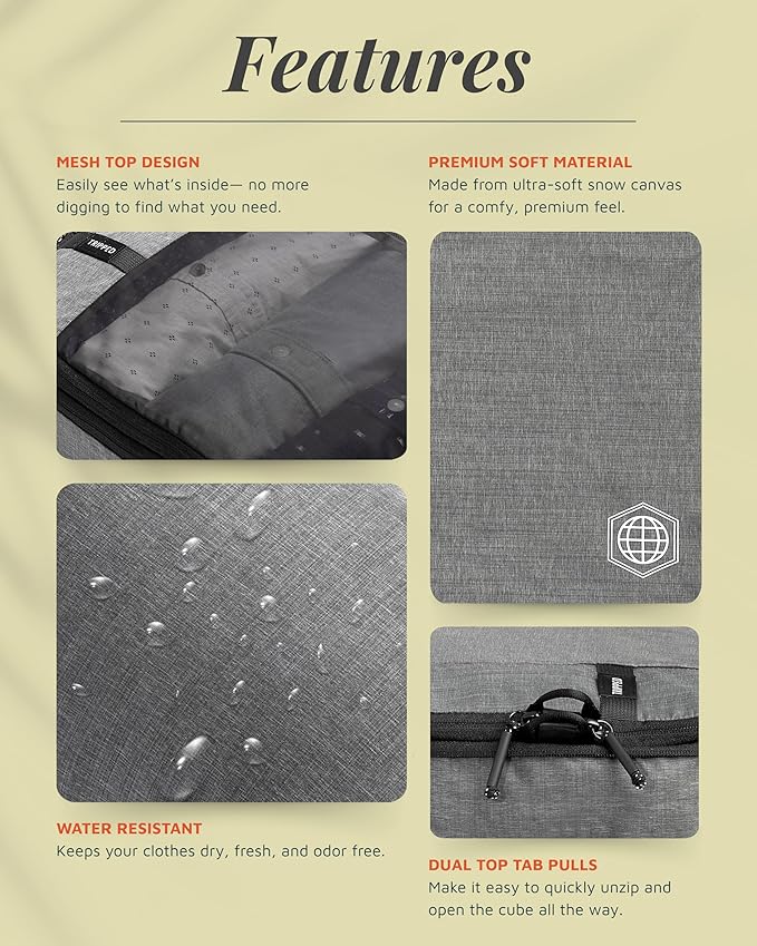 Compression Packing Cubes for Travel by TRIPPED – 6-Piece Premium Set with Laundry & Shoe Bag, Space Saving Travel Organizer Bags for Suitcase & Carry-On Luggage (Grey Mesh)