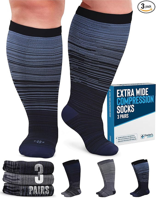 Doctor's Select 3 Pairs Plus Size Compression Socks Wide Calf - Up to 6XL | 20-30 mmHg Compression Socks for Women Wide Calf | Line Patterns 2