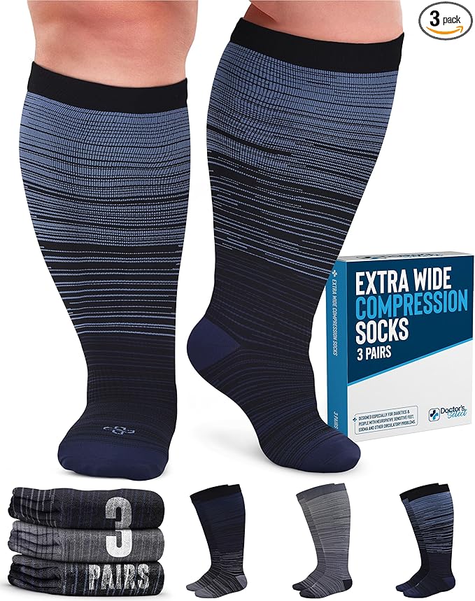 Doctor's Select 3 Pairs Plus Size Compression Socks Wide Calf - Up to 6XL | 20-30 mmHg Compression Socks for Women Wide Calf | Line Patterns 2