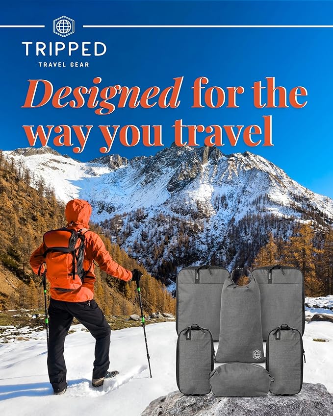 Compression Packing Cubes for Travel by TRIPPED – 6-Piece Premium Set with Laundry & Shoe Bag, Space Saving Travel Organizer Bags for Suitcase & Carry-On Luggage (Grey)