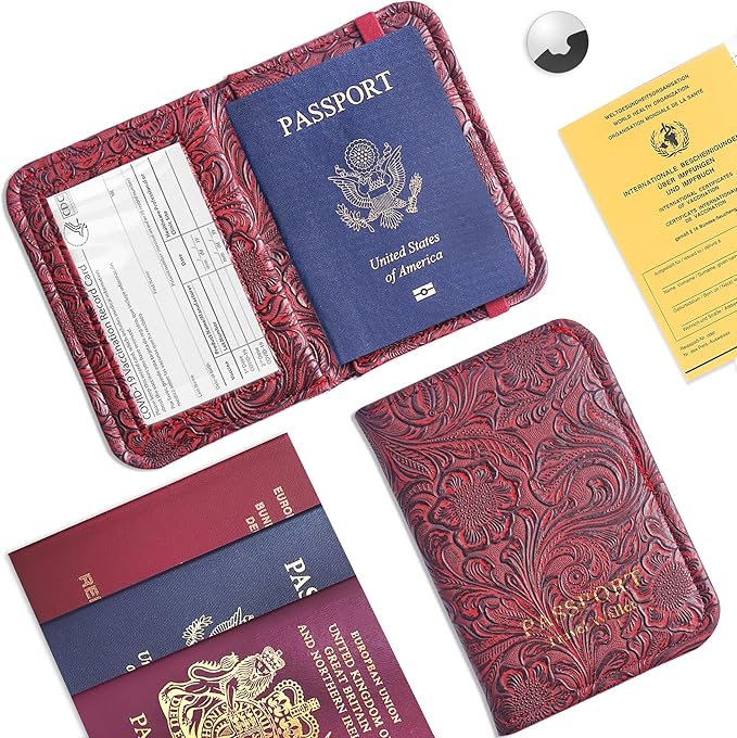 lizimandu Passport Holder with Airtag Slot, Airtag Passport Wallet for Men Women, Slim Leather Passport Holder Case Family for Travel Anti-Lost(1-Carved Red)