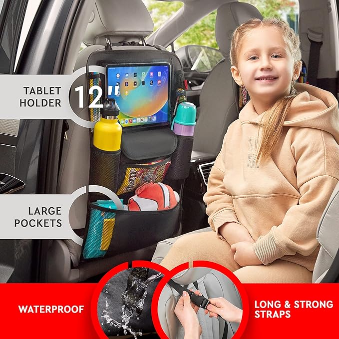 Helteko Car Seat Organizer, Ultra Version Kids Backseat Car Organizers and Storage, Waterproof Back Seat Protector Kick Mats with Tablet Holder 12" Car Accessories Interior, Black 2 Pack