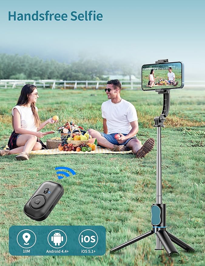 Selfie Stick, 41'' Extendable Phone Tripod Stand with Phone Holder & Detachable Remote, 360° Rotation Selfie Stick Tripod for Cell Phone Compatible with iPhone, Android, Samsung