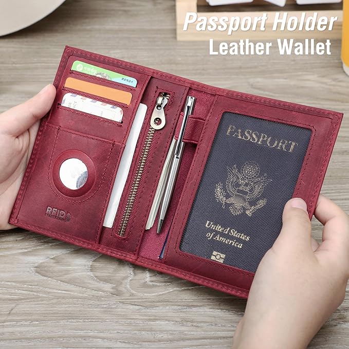Top Grain Leather Single Travel Passport Wallet Holder for Man & Woman, Folio Design for Passport & Multi Cards, RFID Blocking Large Capacity for Passport/Cards/Checks/Bills/AirTag, Burgundy