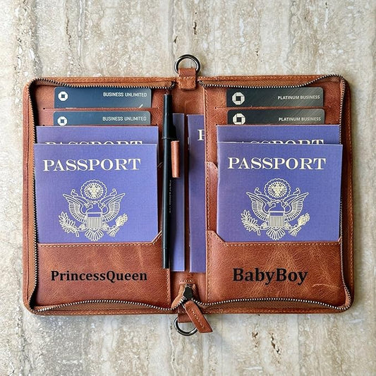 Personalized Leather Passport Holder, Handmade Travel Wallet with Card Slots, Pen Slot | Protector, Custom Engraved Passport Case for Men, Women or Family Organizer
