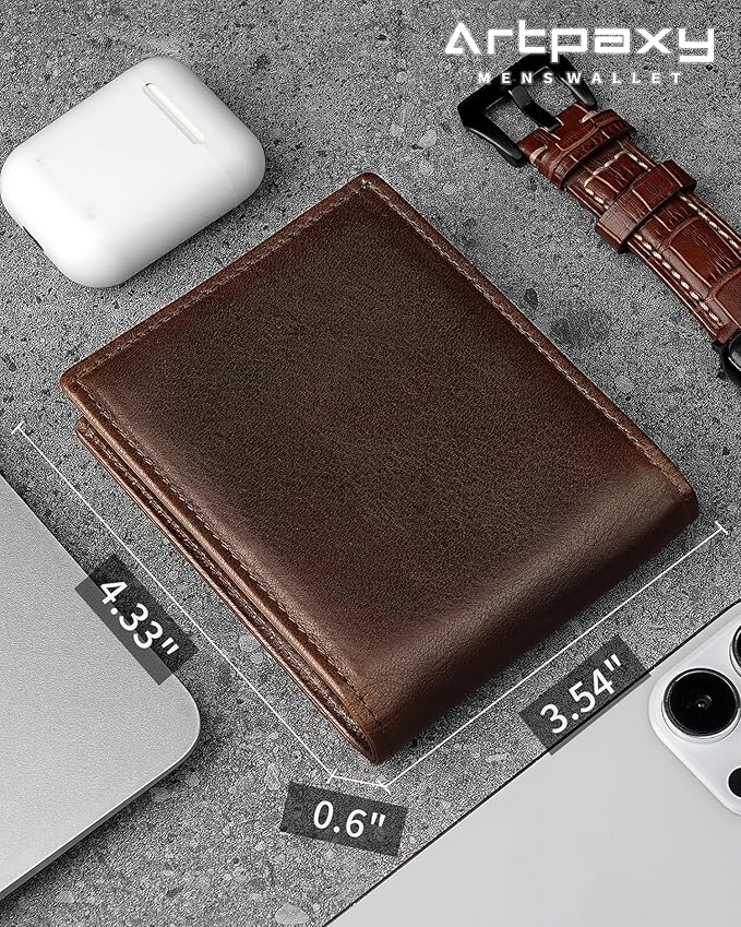 Artpaxy Mens Wallet Bifold Genuine Leather RFID Blocking Wallet for Men with 2 ID Windows 11 Card Holders 2 cash pockets 1 Gift Box