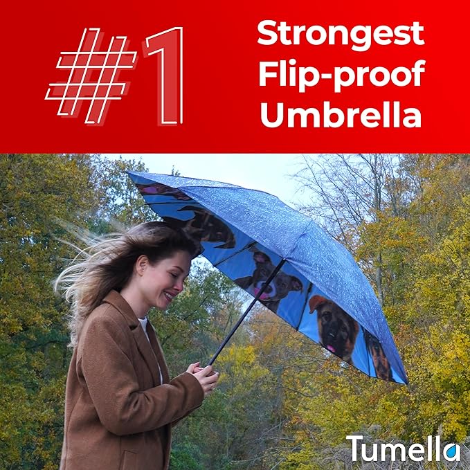 TUMELLA Flip-proof Inverted Travel Umbrella, Small Strong but Light Portable and Automatic Reverse Folding Rain Umbrella, Durable Premium Grip, Fits Car & Backpack