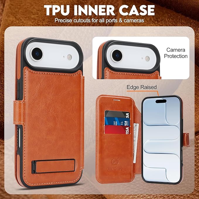 CIVICASE for iPhone Air Wallet Case with Stand,PU Leather Flip Credit Card Holder Slots (RFID Blocking),Compatible with Magsafe Magnetic Holder Phone Cover Women Men,Brown