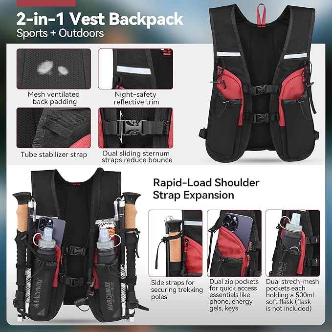 MARCHWAY Lightweight Hydration Backpack with Vest Style Straps & 2.5L TPU Water Bladder, Versatile Sleek Multi-Pocket Pack for Hiking, Cycling, Running, Backpacking, Travel