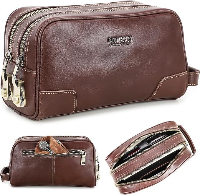 Top Grain Genuine Leather Travel Organizer Clutch Bag, Handmade Retro Vintage Design, 3 Zipper Pockets & Combination Locks, Portable Storage Bag for Phone/Cable/Charger/Cash/Toiletry/Makeup, Red Brown