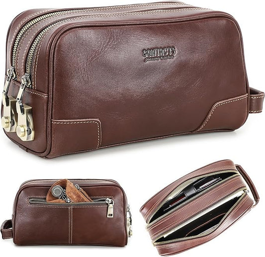 Top Grain Genuine Leather Travel Organizer Clutch Bag, Handmade Retro Vintage Design, 3 Zipper Pockets & Combination Locks, Portable Storage Bag for Phone/Cable/Charger/Cash/Toiletry/Makeup, Red Brown