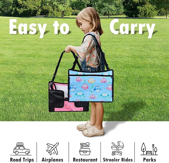 WENRENER 2PCS Kids Travel Tray, Car Seat Tray for kids Travel, Toddler Road Trip Essentials With Drawing Kit, Toddler Lap Desk Organizer for Car, Carseat Table for Airplane