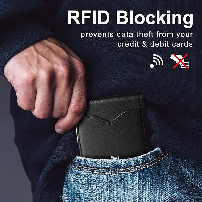 GSOIAX Mens Slim Wallet for Men Minimalist Genuine Leather Carbon Fiber Rfid Blocking Bifold Credit Card Holder With Gift Box (Black-money clip)