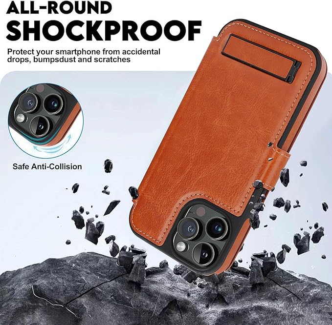 CIVICASE for iPhone 15 Pro Wallet Case with Stand,PU Leather Flip Credit Card Holder Slots (RFID Blocking),Compatible with Magsafe Magnetic Holder Phone Cover Women Men,Brown