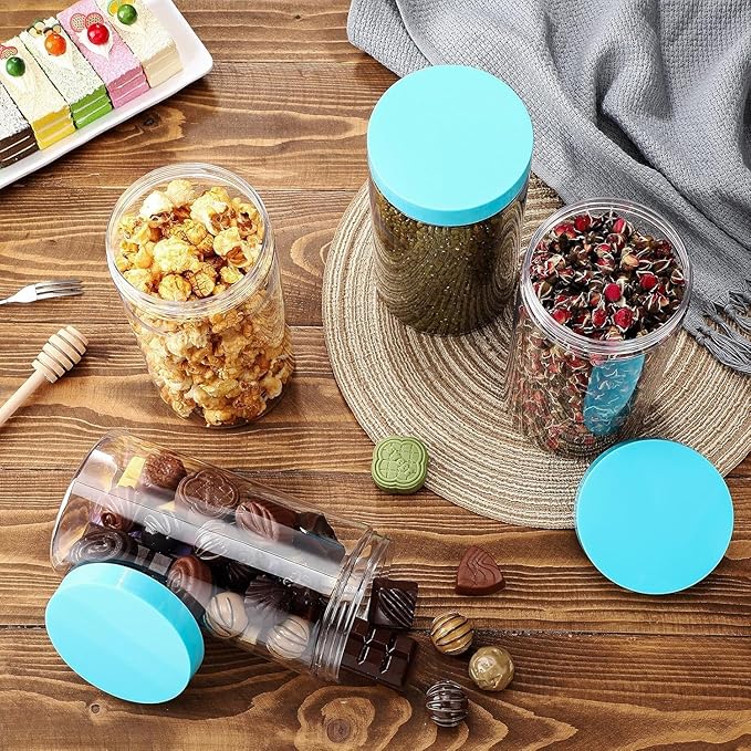 SATINIOR 12 Pack 32 oz Plastic Container Jars with Lids Round Clear Travel Cosmetic Container Slime Jars for Toiletries, Lotion, Cream, Ointments, Makeup, Rhinestone, Samples, Kitchen Storage(Blue)