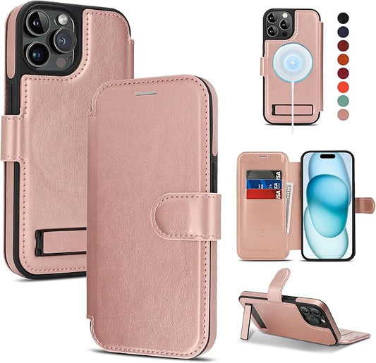 CIVICASE for iPhone 14 Pro Max Wallet Case with Stand,PU Leather Flip Credit Card Holder Slots (RFID Blocking),Compatible with Magsafe Magnetic Holder Phone Cover Women Men,Rose Gold