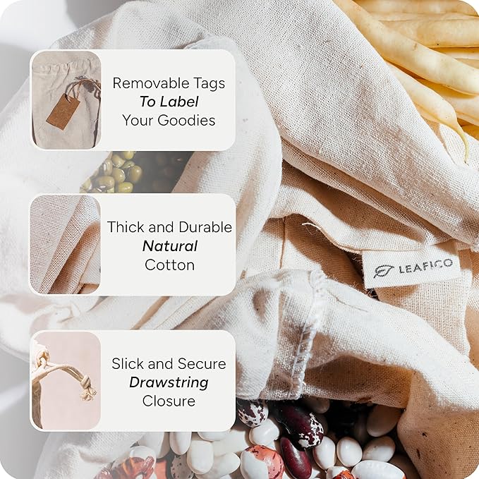 LEAFICO Muslin Cloth Bags with Drawstrings - Set of 8 (S, M, L, XL) - Reusable Natural Cotton Bags for Bulk Food Storage - Canvas Fabric Sachets