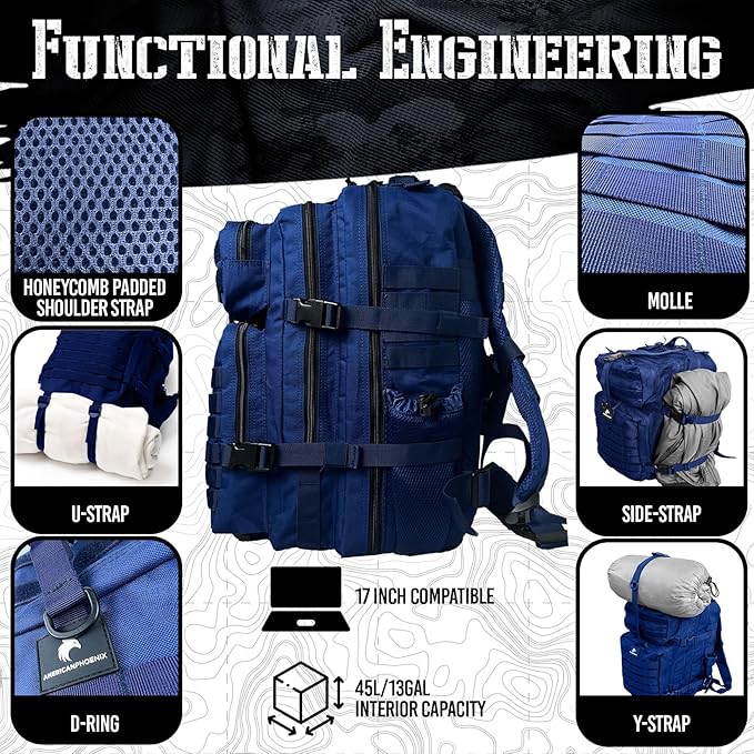 AMERICANPHOENIX 45L Elite Tactical Backpack | 3X Stronger Work & Military Backpack | Water Resistant and Heavy Duty | 3 Day MOLLE Bug Out Bag (Atlantic Blue)