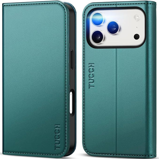 TUCCH Case Wallet for iPhone 17 Pro (6.3-Inch) 2025, [3 Card Slots] Kickstand [RFID Blocking] PU Leather Case, Flip Folio Cover with [TPU Shockproof Interior Shell], Teal Green