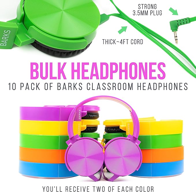Barks Classroom Headphones (10 Pack, Mixed Colors) - On-Ear Premium Student Bulk Headphones: Perfect for Kids K-12, Schools & Class Sets (Colorful, Durable, Noise Reducing, Comfortable, Easy-to-Clean)