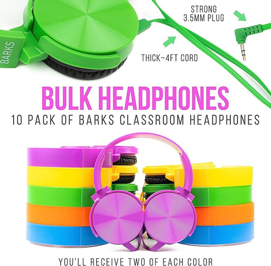 Barks Classroom Headphones (10 Pack, Mixed Colors) - On-Ear Premium Student Bulk Headphones: Perfect for Kids K-12, Schools & Class Sets (Colorful, Durable, Noise Reducing, Comfortable, Easy-to-Clean)
