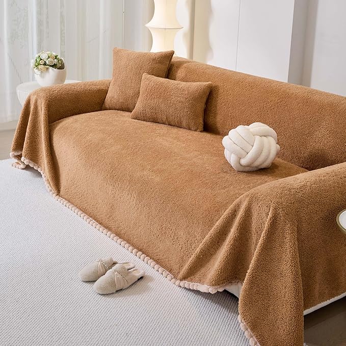 Sherpa Fleece Oversized Couch Cover for 3-4 Cushion Sofa, Brown 71" x 150" - Pet Proof Sofa Covers Heavy Duty Scratch Resistant Pet Friendly Furniture Cover - Easy Install, Machine Washable