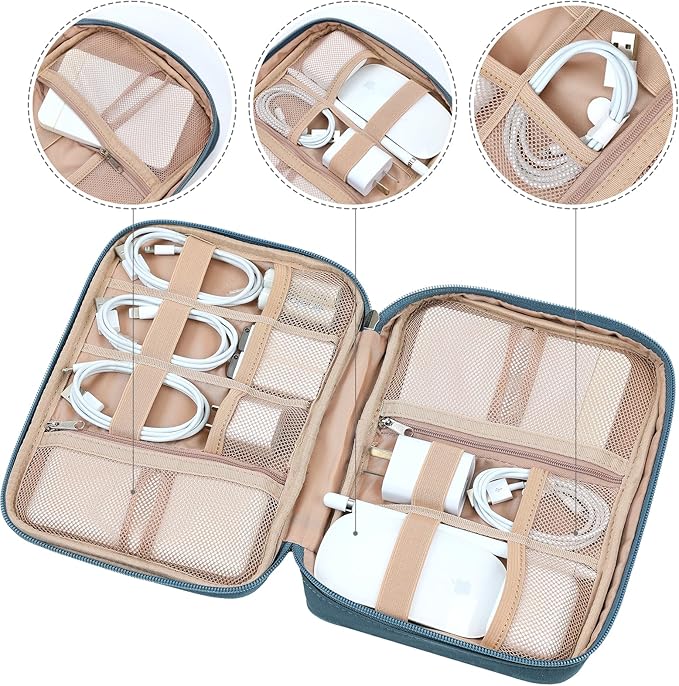 NISHEL Travel Cord Organizer Case, Tech Electronic Bag, Essentials for Charger, Cable, Phone, Hard Drive, USB, SD Card, Lake-Blue