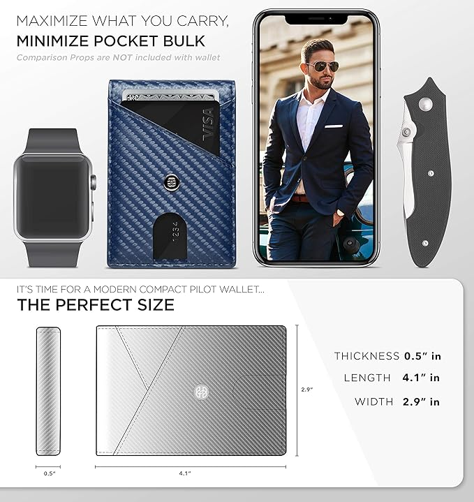 Suavell Slim Wallets for Men. RFID Money Clip Wallet, Slim Wallet, Thin Front Pocket Credit Card Wallet, Minimalist Bifold (Royal Blue Pilot)