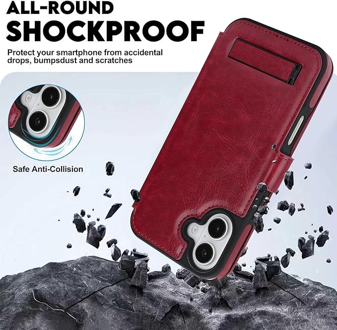 CIVICASE for iPhone 17 Wallet Case with Stand,PU Leather Flip Credit Card Holder Slots (RFID Blocking),Compatible with Magsafe Magnetic Holder Phone Cover Women Men,Wine Red