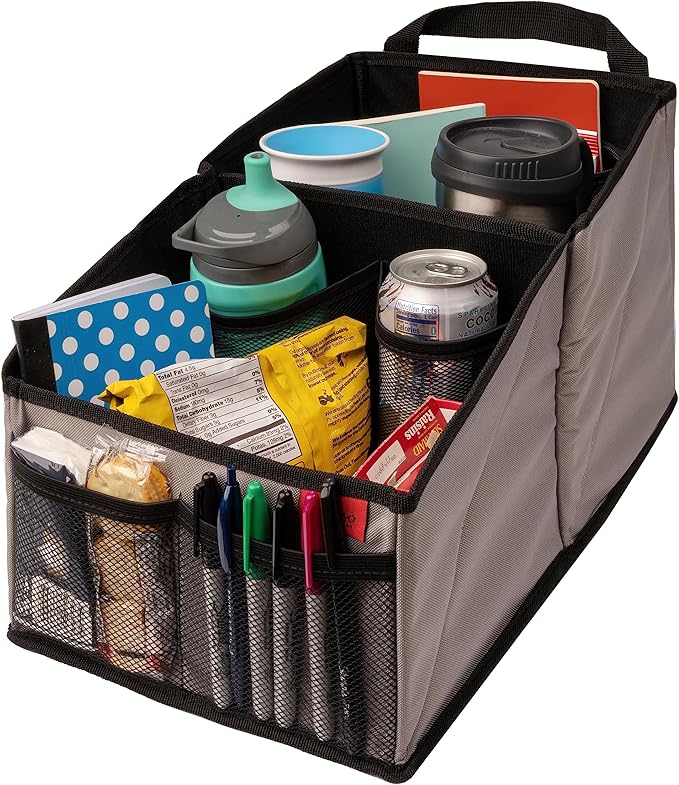 Lusso Gear Car Seat Organizer with Cup Holders for Front, Back, Passenger Seats, Truck and Van, 9 Auto Storage Compartments for Travel Organization of Trunk, Seats, Mobile Office (Gray)