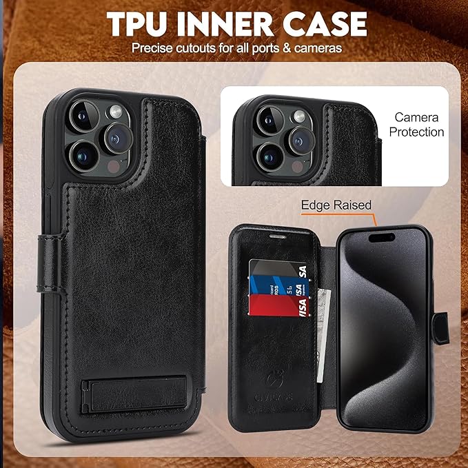 CIVICASE for iPhone 15 Pro Wallet Case with Stand,PU Leather Flip Credit Card Holder Slots (RFID Blocking),Compatible with Magsafe Magnetic Holder Phone Cover Women Men,Black