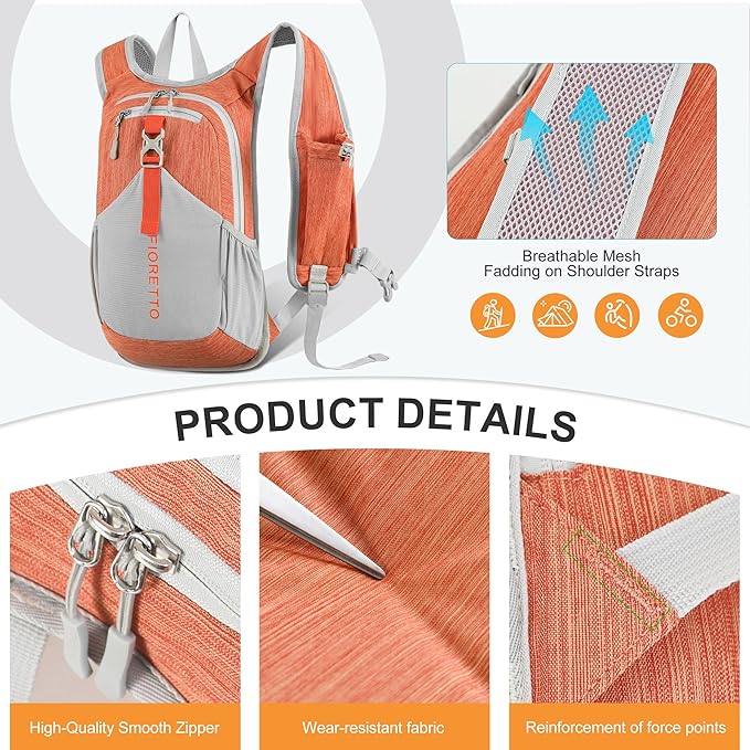FIORETTO 10L Lightweight Packable Hiking Backpack Small Foldable Daypack for Women Men Compact Travel Backpack for Camping & Outdoor, Orange